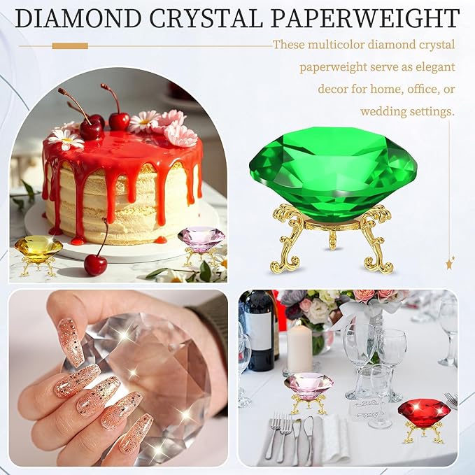 PATIKIL Diamond Crystal Paperweight, 100mm / 3.94" Crystal Paperweight Paper Weight with Gold 25 Metal Base for Home Office Desktop Table Decor Wedding Party Ornaments, Green