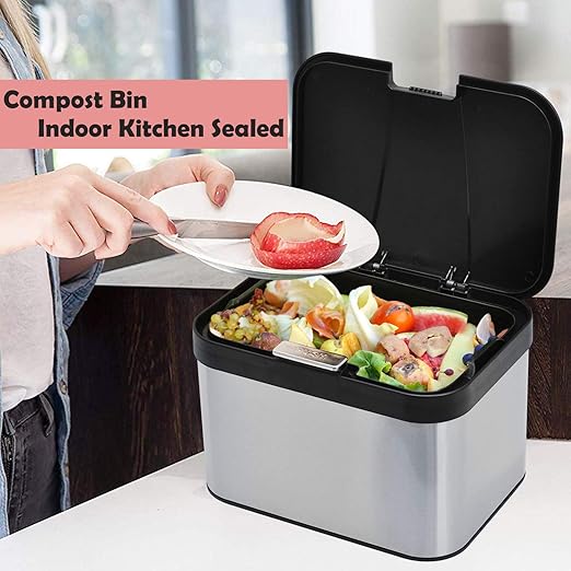 Dullrout Compost Bin for Countertop, Compost Bucket Indoor Sealed, Food Waste Caddy, 1.13 Gallon Kitchen Compost Container with Lid, Compact and Easy Clean, Black Matte