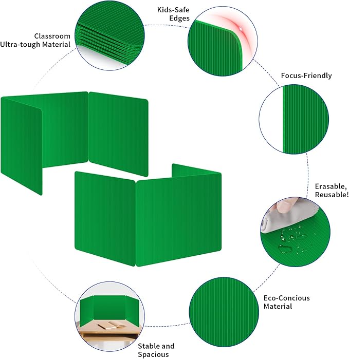 6 Pack Green Desk Dividers for Students, Privacy Shields Folder for Students, Durable & Waterproof Plastic Study Board, Classroom Teacher Supplies Test Divider, Includes Extra Labels