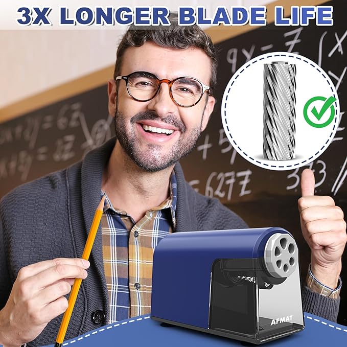 AFMAT PSX2 Heavy Duty Electric Pencil Sharpener, 6 Holes, Classroom Sharpener for 6-11mm Pencils, Auto Stop, Super Fast, Save Pencils, School Teacher Must Have Pencil Sharpeners Plug in, Blue