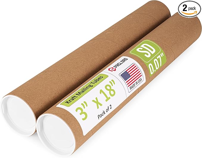 Paclord 3" x 18" Reinforced Kraft Paper Mailing Tube, Pack of 2 Tubes with 4 Caps – Secure USPS Approved Poster Tube – Cardboard Tube for Shipping and Storing of Posters, Prints, Artwork, or Documents