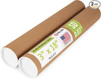 Paclord 3" x 18" Reinforced Kraft Paper Mailing Tube, Pack of 2 Tubes with 4 Caps – Secure USPS Approved Poster Tube – Cardboard Tube for Shipping and Storing of Posters, Prints, Artwork, or Documents