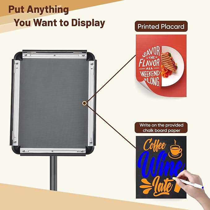Newzueby Adjustable Pedestal Floor Stand Sign Holder for 8.5*11 inches Poster or chalk board, Snap open frame,360° Rotation,Outdoor Indoor Standing Display Sign Holders for advertising ,Black