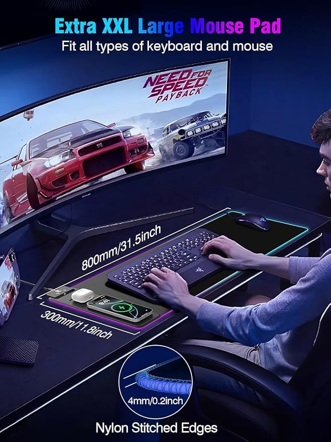 Mouse Pad with Magnetic Wireless Charging, Large Desk Pad Protector, RGB Black Mousepad Desk Mat with 15W Fast Charger, 4mm Thick Non-Slip, Waterproof Laptop Writing Pad for Office, Home, Gaming