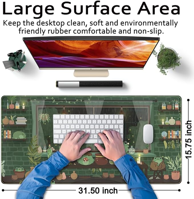 Mechanical Cattle Cute Desk Mat Kawaii Frog Mouse Pad Green Desk Anime Mat Large Gaming Mouse Pad Desk Computer Keyboard Pad Desk Home Office Accessories Girl Stitched Eges (31.5x15.7 in) WER236