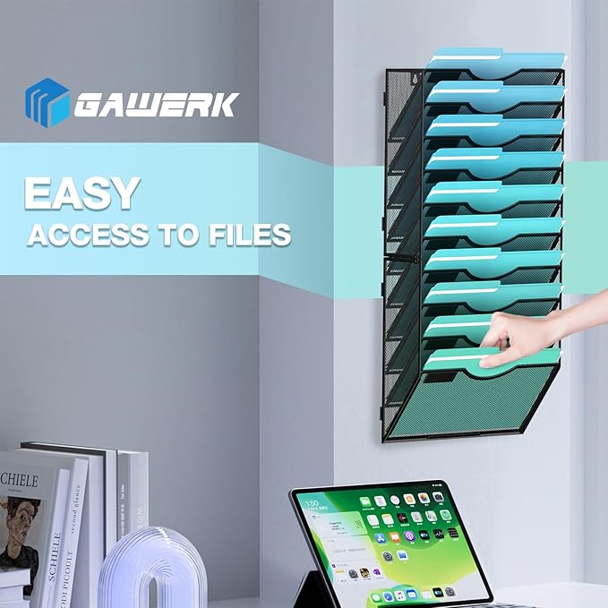 Gawerk 10-Tier Wall File Organizer Hanging Wall File Holder Wall Mount Paper Folder Organize, Mesh Magazine Document Mail Organizer Wall Organizer for Office School Home, Black