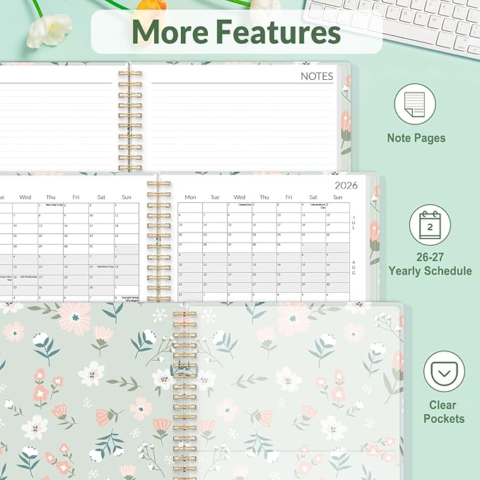 SUNEE 2026-2027 Planner - 24 Months (Jan 2026 - Dec 2027) - 7"x10" Monthly Spreads & Yearly Planner, Green Wildflowers