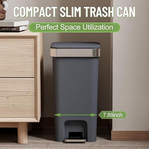 accep 2 Pack Bathroom Garbage Can with Lid, 2.6 Gallon /10 Liter Small Trash Can, Press Top Bin & Step Metal Pedal Trash Bin, Waste Basket for Bedroom, Home Offices, Small Spaces, Dorm (Black Gray)