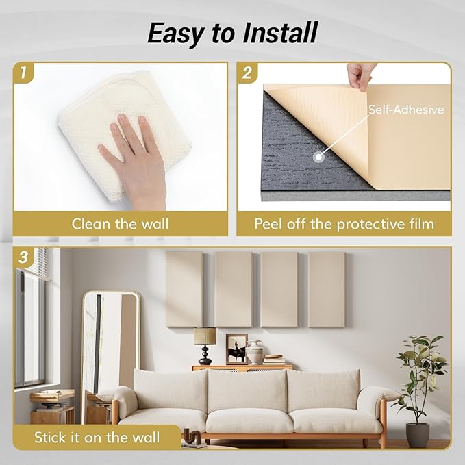 TONOR 4 PCS Large Acoustic Panel, 23.6″ * 11.8″ * 2.36″ 3D Fiberglass Sound Proof Panel with Full Self-Adhesive, Decorative Echo Absorbing Wall Panel, for Studio, Living Room, Home, Office, Beige