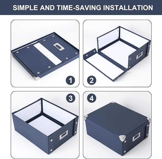 DLUGOPIS Checks Storage Box with Lid Document Boxes Banker Boxes Document Bin Foldable Cardboard Record Boxes For Business Pesonal Orangize Files 12"x10"x5"(Navy Blue, 1 pcs)