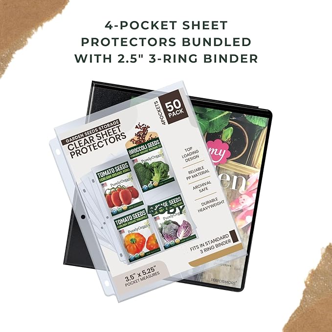 Performore Heavy-Duty Seed Storage Kit for Organizing Seed Packets, with 200 Pockets, 3.5 x 5.25'' Pocket Size, 50 Clear Pages w/ 4 Sleeves per, 2.5" Capacity, Cover is Solid Black Plastic