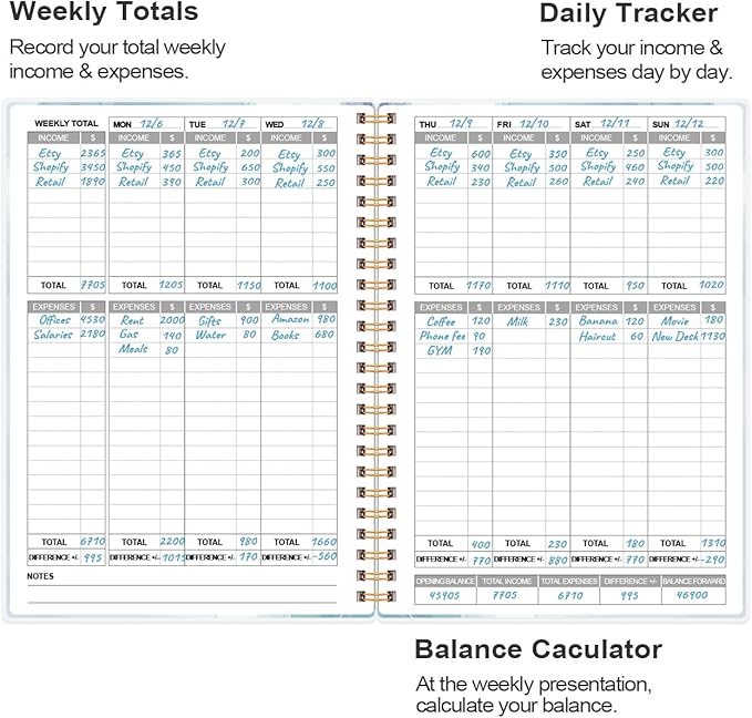 Heveboik Income & Expense Log Book - A5 Income and Expense Tracker for Small Business, Accounting Bookkeeping Tracking for Woman and Man, 5.8" x 8.3", Teal Watercolor