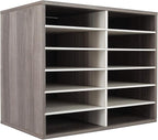 TQVAI Wood Literature Organizer, 12 Slots Hold 6000 Sheets A4 Papers, Wooden Desk Paper File Storage Organizer with Adjustable Shelves, Mailbox Cubbies for Office Home Classroom, Retro Grey/White