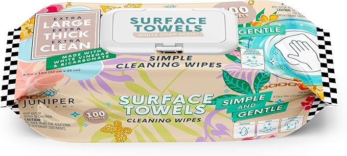 Juniper CLEAN Single Surface Cleaning Wipes, Thick & Large Dispose, All-Purpose Cleaner for Bathroom, Kitchen, Office, 100 Count Soft Flow, Biodegradable, White Soap Scent