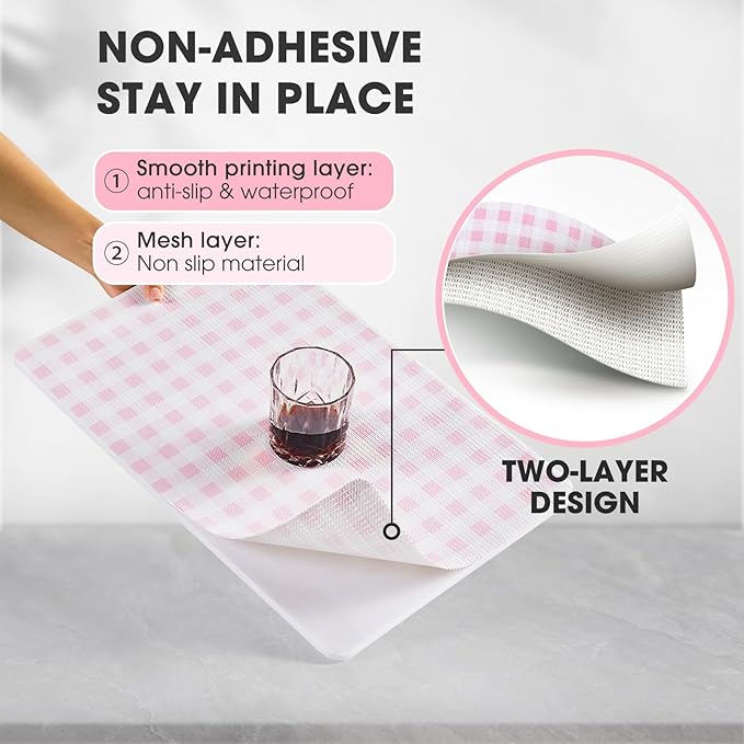 ALIUNI Drawer and Shelf Liner, Non-Slip Kitchen Cabinet Liners Non-Adhesive Thick Strong Grip Waterproof Washable Mats Protect Dresser Shelves Cupboard Bathroom Cabinets, Pink Plaid, 18 in X 10 FT