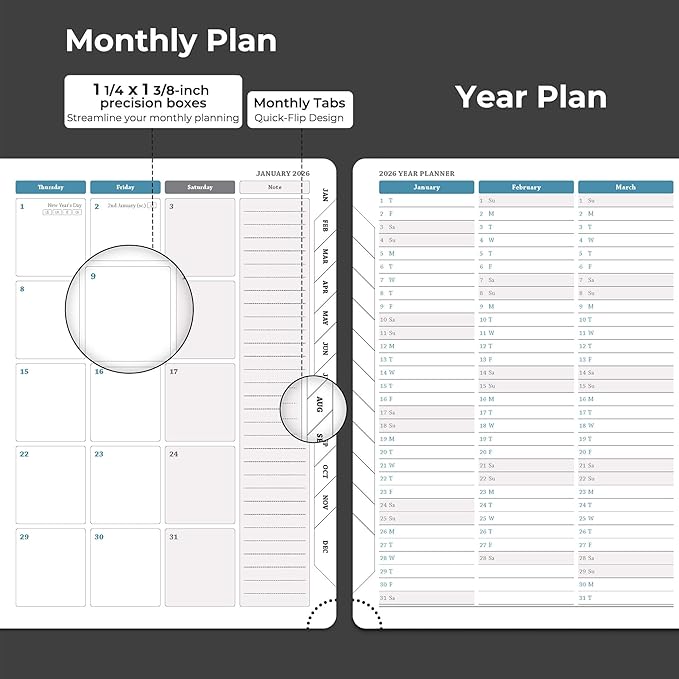 IN-LUXPRO Planner 2026 Daily Weekly and Monthly,8.5"x6.5",12 Months Spiral Bound Calendar Agenda with Self-adhesive Pen Holder,2026 Appointment Book with Vegan Leather Soft Cover,Black