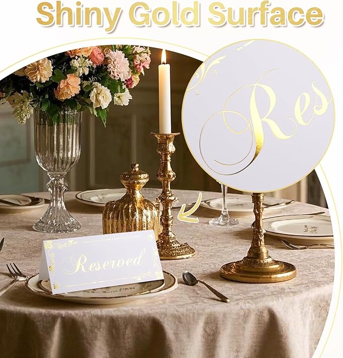 20 Pack Reserved Table Signs White Reserved Table Tent Card with Gold Foil Design for Wedding Party Restaurant - Double Sided Reserved Sign Table Tent Place Cards for Event