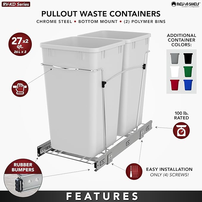 Rev-A-Shelf Pullout Trash Can for Kitchen Cabinets 27 Qt Garbage Recycling Bin with Full Extension Slide, Green/Black, RV-15KD-1918C-S