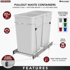 Rev-A-Shelf Pullout Trash Can for Kitchen Cabinets 27 Qt Garbage Recycling Bin with Full Extension Slide, Green/Black, RV-15KD-1918C-S