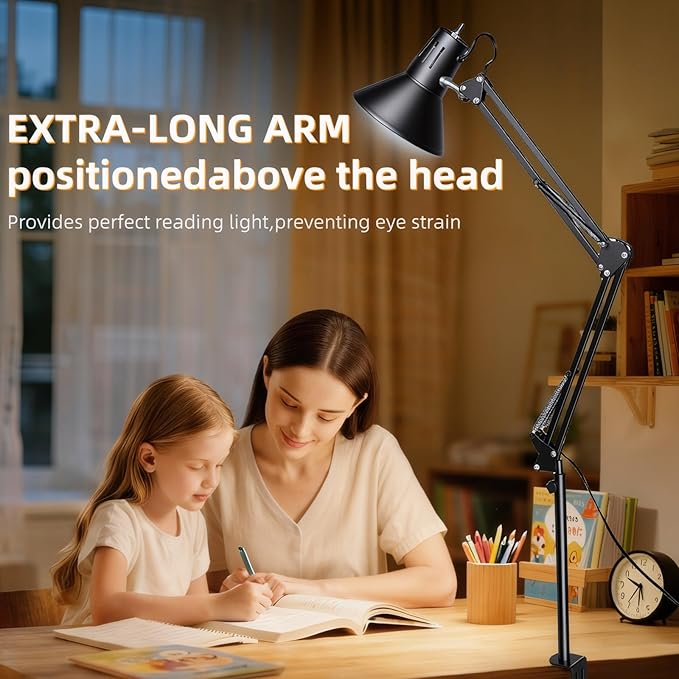 2 Pack LED Desk Lamp Dimmable with Clamp, Eye-Caring Clip on Lights for Home Office, 3 Adjustable Color Temperature, Extra Tall Metal Swing Arm, High Intensity Clamp w/A19 E26 Bulb for Working Reading