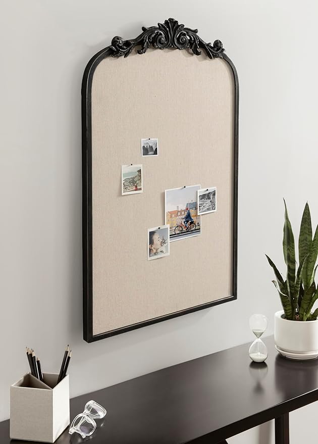 Kate and Laurel Arendahl Vintage Decorative Arched Pinboard; 19 x 31; Black; Framed Arch Ornate Bulletin Board for Unique Display; Organization; and Decor Options