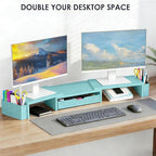 Spacrea Metal Desk Organizers and Accessories, Dual Monitor Stand Riser with Drawer and 2 Pen Holders, Desk Accessories & Workspace Desktop Organizers for Office Supplies (Blue)