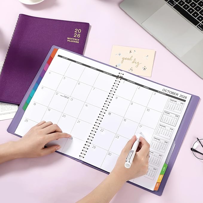 2026 Monthly Planner - Jan. 2026 - Dec. 2026, 12 Months Calendar/Planner 2026 with Faux Leather, 8.86" x 11.4", 15 Notes Pages, Strong Twin - Wire Binding, Pocket, Monthly Tabs, Perfect Organizer