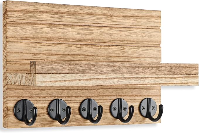 Lwenki Key Holder for Wall, Decorative Key and Mail Holder with Shelf Has Large Key Hooks for Bags, Coats – Paulownia Wood Key Hanger with Mounting Hardware (9.8”W x 6.7”H x 4.2”D) (Burnt Wood)
