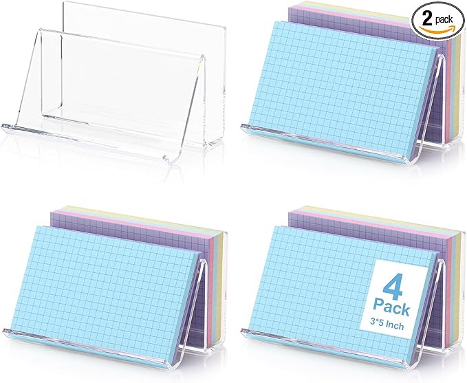 4 Pack 3x5 Index Card Display Holder Acrylic Cards Holder Stand Acrylic Business Card Holders Name Card Organizer Postcard Stand Display 200 Capacity for Studying Supplies No Card (Clear, 4 Pack)