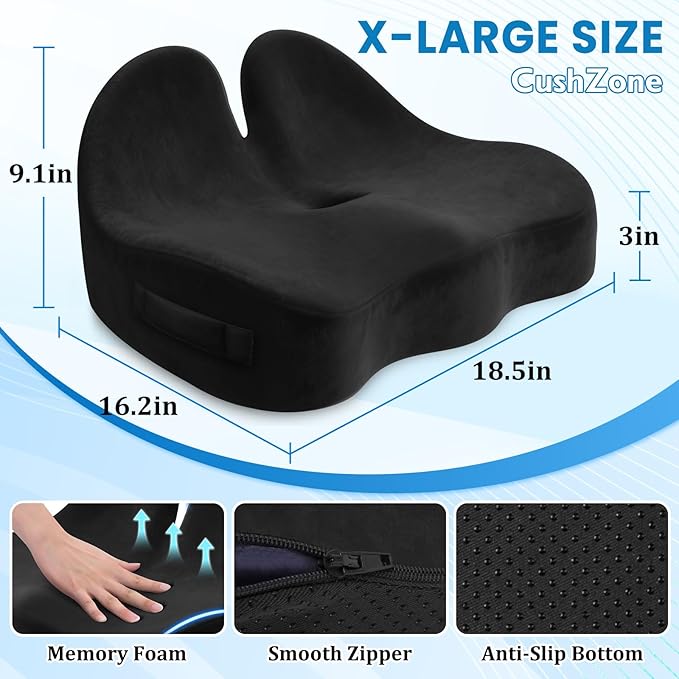 CushZone Seat Cushion, Memory Foam Office Chair Seat Cushion for Office Chairs/Car/Long Trip/Desk Chair/Gaming, X-Large Size for Sciatica & Hip & Tailbone Pain Relief, Sciatica Support (Black)