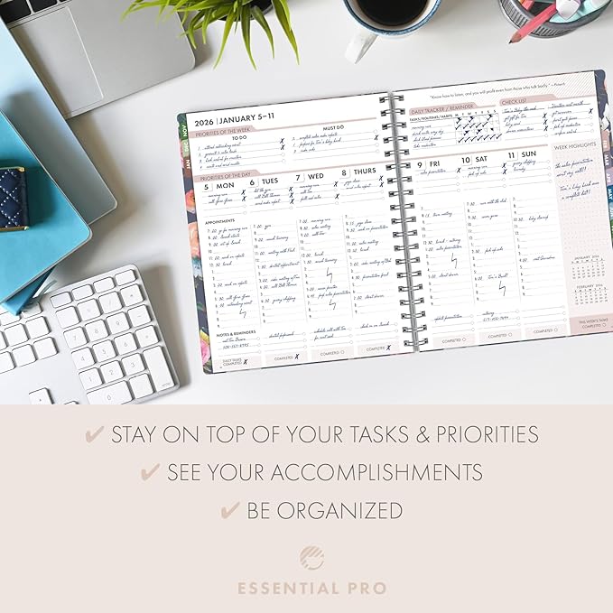 Essential PRO 2026 Daily, Weekly & Monthly Planner, 7"x9": 14 Months (Nov 2025 - Dec 2026) Monthly Tabs,Daily Tracking,Notes Pages,Storage Pocket,Bookmark w Sticky Notes (Small Navy Floral)