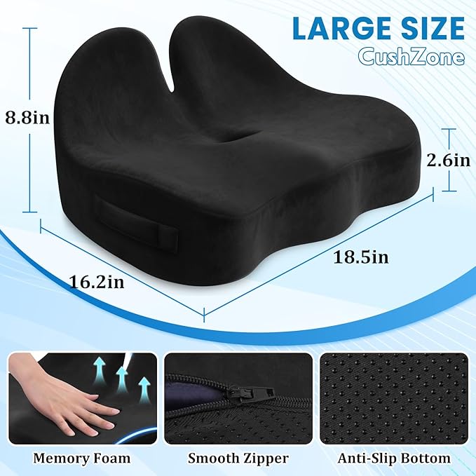 CushZone Seat Cushion, Memory Foam Office Chair Seat Cushion for Office Chairs/Car/Long Trip/Desk Chair/Gaming, Extra Large Size for Sciatica & Hip & Tailbone Pain Relief, Sciatica Support (Black)