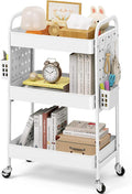 KINGRACK 3 Tier Rolling Cart with DIY Hanging Board, Metal Rolling Utility Cart with Wheels Handles Baskets Hooks, Rolling Storage Cart Suitable for Bathroom, Kitchen, Office, Nursery Diaper (White)