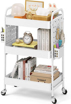 KINGRACK 3 Tier Rolling Cart with DIY Hanging Board, Metal Rolling Utility Cart with Wheels Handles Baskets Hooks, Rolling Storage Cart Suitable for Bathroom, Kitchen, Office, Nursery Diaper (White)