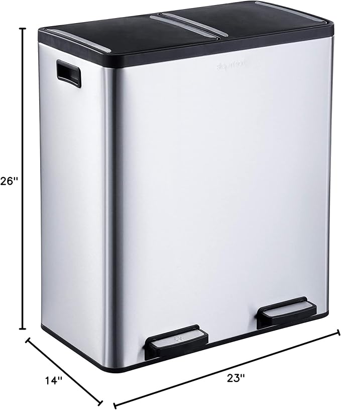 The Step N' Sort 18.5 Gallon Extra Large Capacity, Soft-Step, Dual Trash and Recycling Bin with Removable Inner Bins, Silver