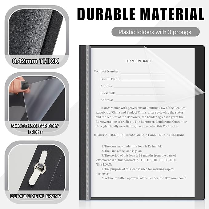 Teling 48 Pcs Clear Front Report Covers with Prongs Plastic Presentation Folders 3 Prong Resume Portfolio Folder for School(Black)