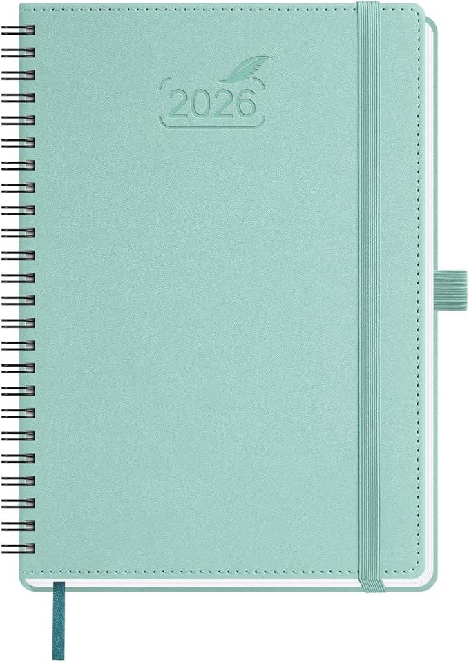 BEZEND 2026 Planner Weekly and Monthly (6" x 8.5" Spiral) Daily Calendar with Hourly Timeslots & Tabs (Jan-Dec) Note & Expenses, Pen Holder, Inner Pocket, Vegan Leather Softcover - Mint Green