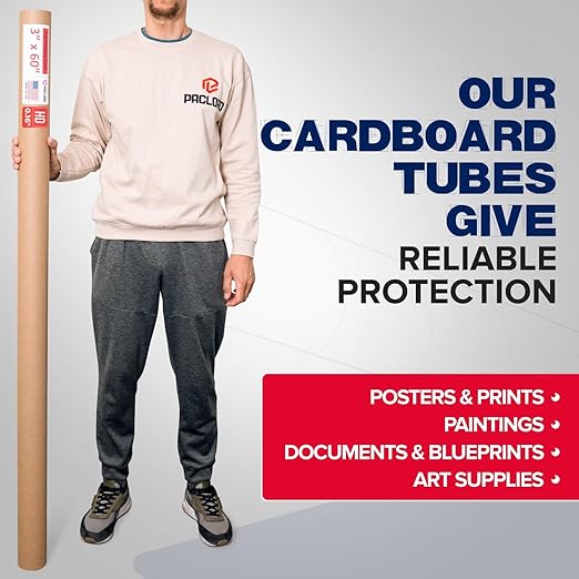 Paclord 3" x 60" Heavy-Duty Reinforced Cardboard Mailing Tube, Pack of 4 Tubes with 8 Caps – Secure USPS Approved – Great for Shipping and Storing of Prints, Artwork, Posters or Documents