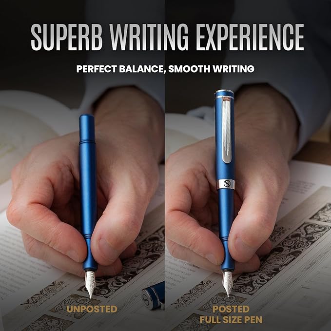 Scriveiner Luxury EDC Fountain Pen (Medium), Stunning Matt Blue Pocket Pen, Chrome Finish, Schmidt German Nib, Converter, Best Writing Pen Gift Set for Men & Women, Nice Fancy Office Designer Pen