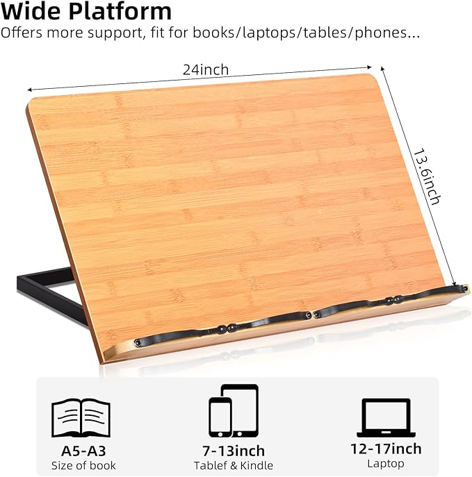 wishacc 24" Oversized Large Book Stand & Holder for Reading Hands Free for Large Books in Bed,Cookbook,Textbook,Law,with 8 Adjustable Height Laptop Stand