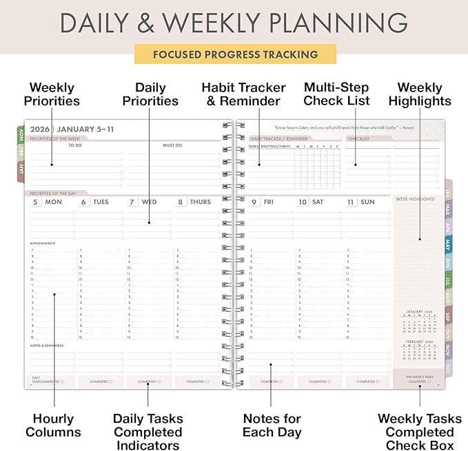 Essential PRO 2026 Daily, Weekly & Monthly Planner, 8.5"x11": 14 Months (Nov 2025 - Dec 2026) Monthly Tabs,Daily Tracking,Notes Pages,Storage Pocket,Bookmark w Sticky Notes (Colorful Botanicals)