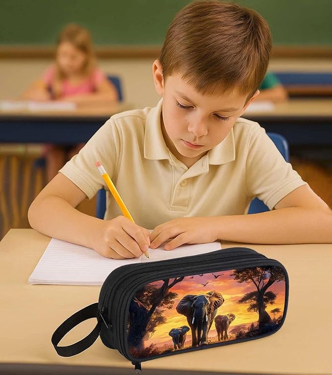 AnySmic Elephant Pencil Case for Boys Girls, Large Pencil Pouch for Kids and Students, Polyester Big Capacity Pen Box, Double Zipper, Multi-Slot Pen Bag Organizer