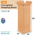 Tall Moving & Shipping Boxes 12x12x36 inches (10-Pack) - Extra Strength 200 lb vs Regular - Corrugated Boxes for Packaging Moving - Box for Shipping - Corrugated Shipping Box by IDL Packaging