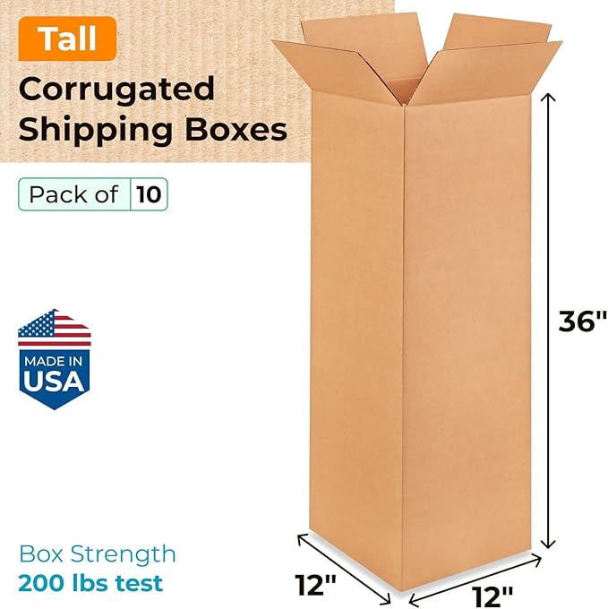 Tall Moving & Shipping Boxes 12x12x36 inches (10-Pack) - Extra Strength 200 lb vs Regular - Corrugated Boxes for Packaging Moving - Box for Shipping - Corrugated Shipping Box by IDL Packaging