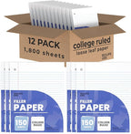 Loose Leaf Paper College Ruled Notebook Paper College Ruled Lined Writing Filler Paper 10.5” x 8” 1800 Sheets 150 Sheets Per Pack 60 gsm (12 Pack)