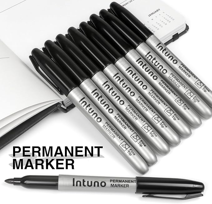 INTUNO Permanent Markers, 120 Count Black, Fine tip, Oil-Based Permanent Markers, Waterproof and Fade-Resistant, for Paper, Wood, Metal, Glass and More