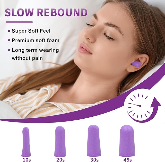 Aoutrow 60 Pairs Soft Foam Ear Plugs, 38dB SNR Slow Rebound Ear Plugs for Sleeping Noise Cancelling, Noise Reduction, Work, Swimming, Shooting, Studying, Purple