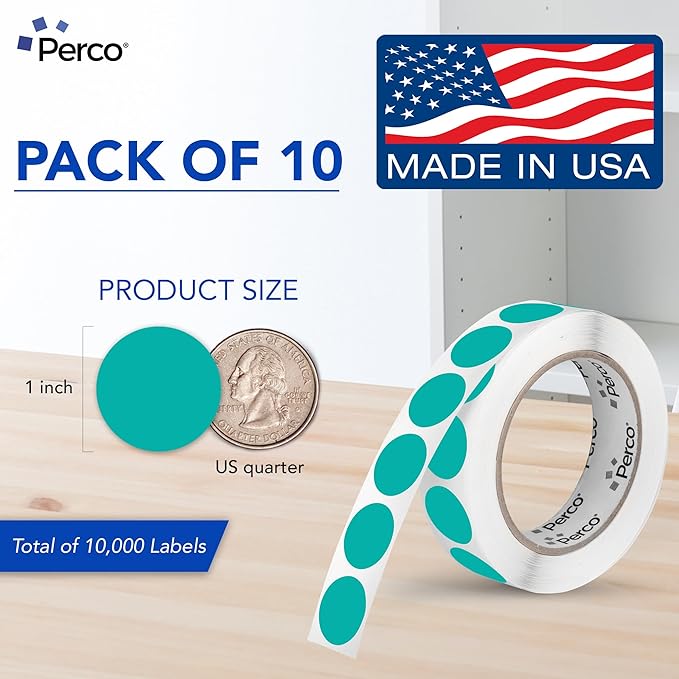 Perco Teal 1-Inch Perforated Circle Dot Sticker Labels — 10 Rolls, 10,000 Round Stickers — with Permanent Adhesive for Inventory Management, Color Coding, Garage Sales, Crafts—Made in USA