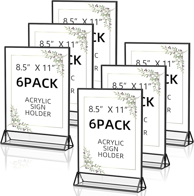 PPH-Sisy Acrylic Sign Holder 8.5X11 Clear Sign Holder,Double Sided Flyer Holder, Table Menu Holder Display Stand for Wedding Table Number Black (6pcs)