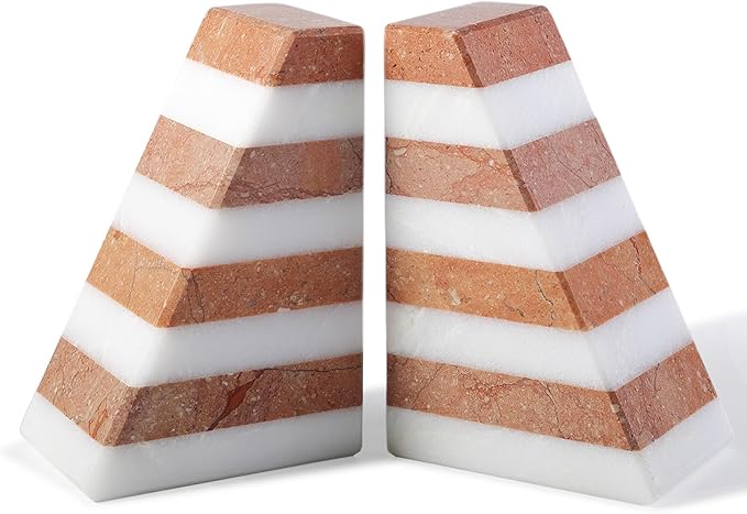 Karibiber Marble Book Ends, Non-Skid Bookends for Shelves, Composite Bookend with Natural Stone, Heavy Duty Book Stopper, Collected CDs and Oversized Books Organizer, White & Red Decorative Bookends